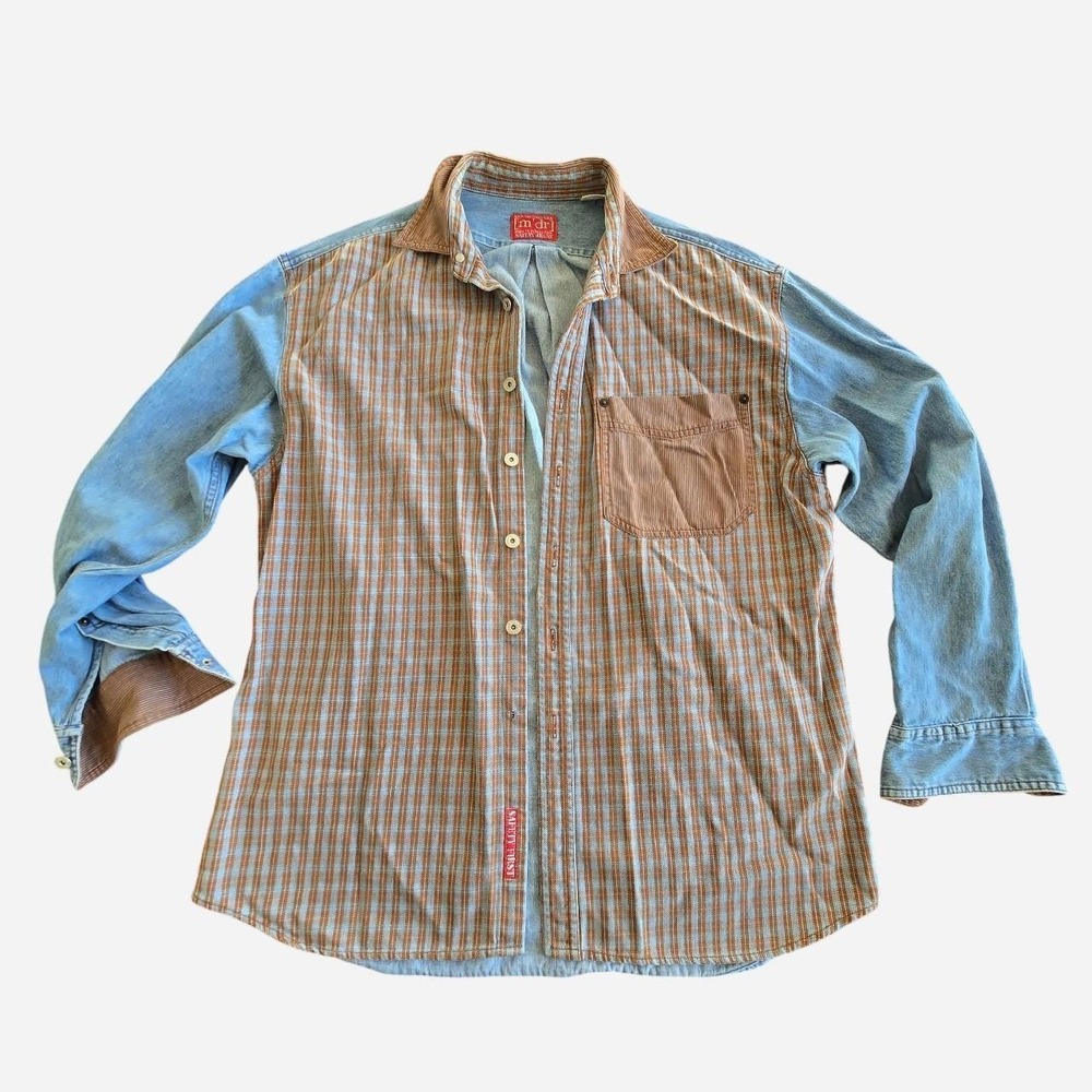 VTG 90s denim jean grunge plaid oversized cotton button up/ m'dr safety jeans /M